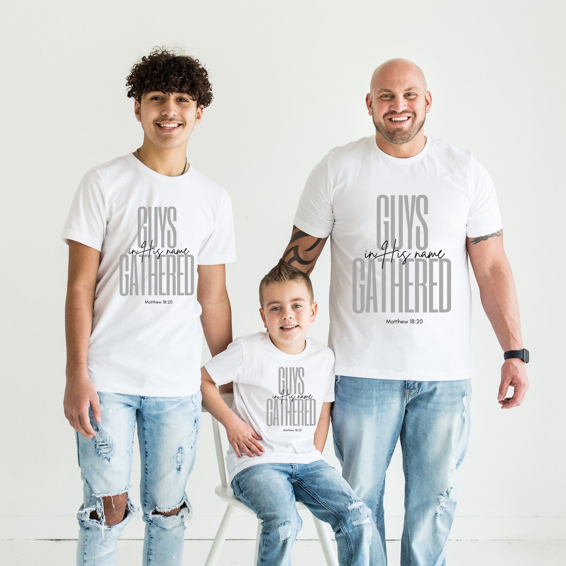 A small Life Group for kids leader and 2 boy members wearing matching t-shirts.