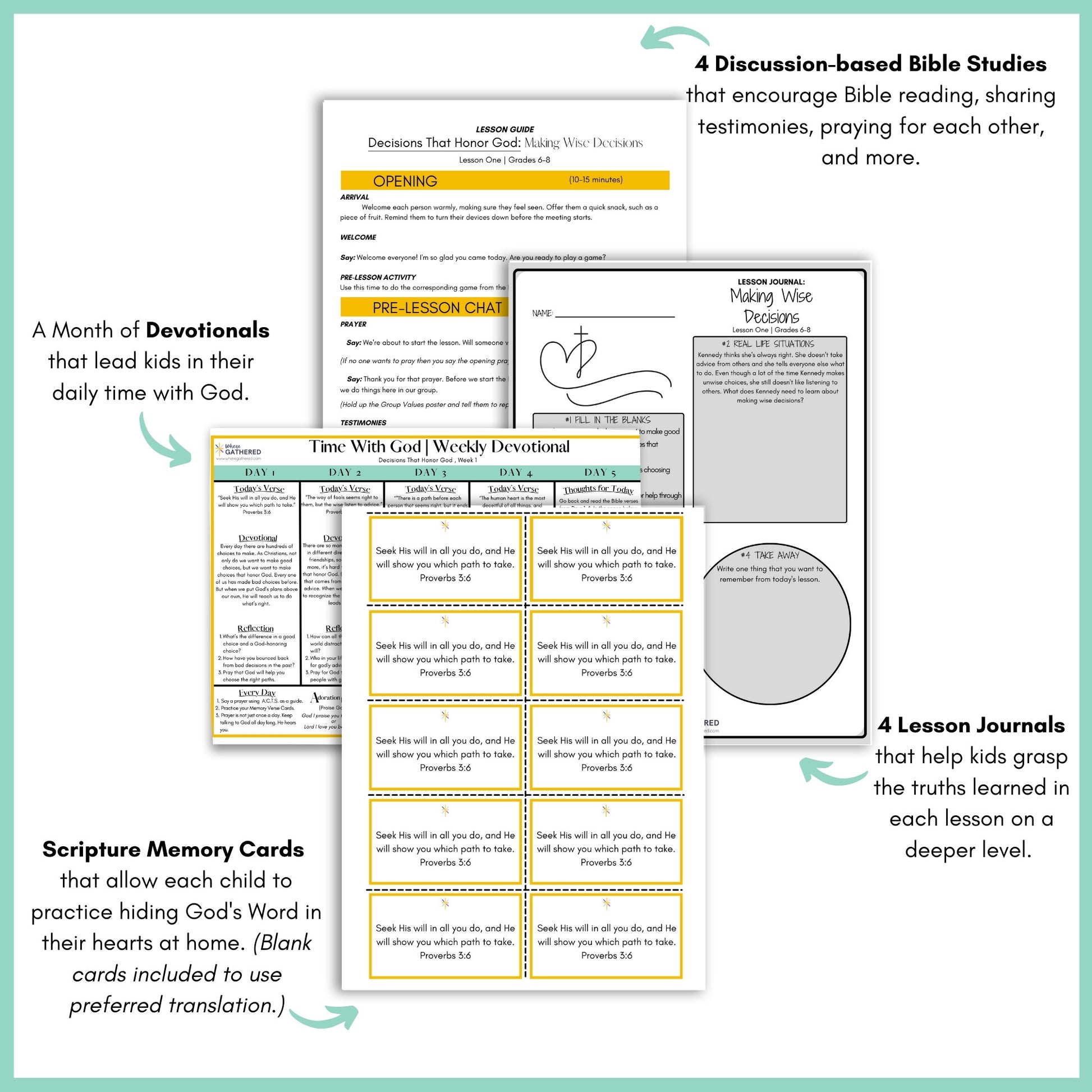 Samples of scripture memory cards, devotionals, and worksheets for the Life Group Kit Bible Study lesson called Decisions that Honor God for girls. 