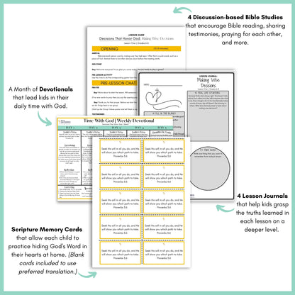 Samples of scripture memory cards, devotionals, and worksheets for the Life Group Kit Bible Study lesson called Decisions that Honor God for girls. 