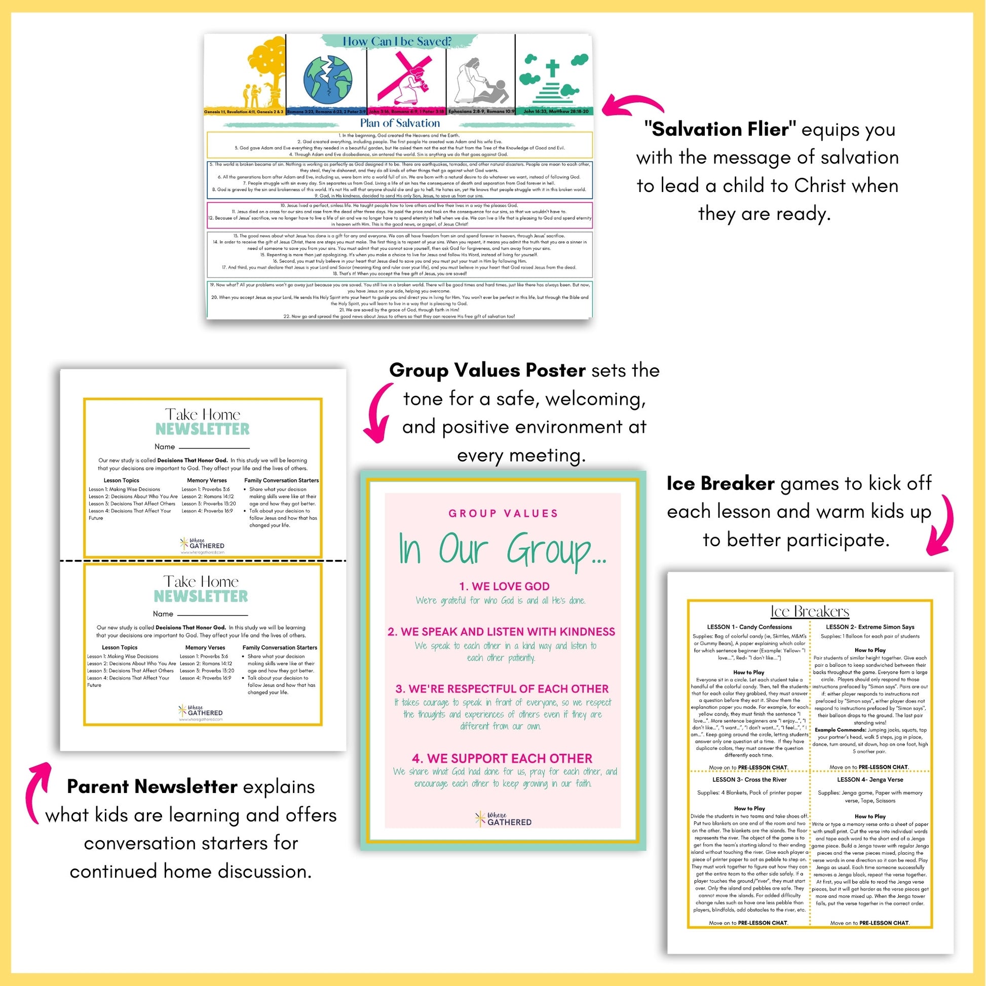 Samples of what's inside the Life Group Kit Bible study lesson called Decisions that Honor God for middle school girls. 