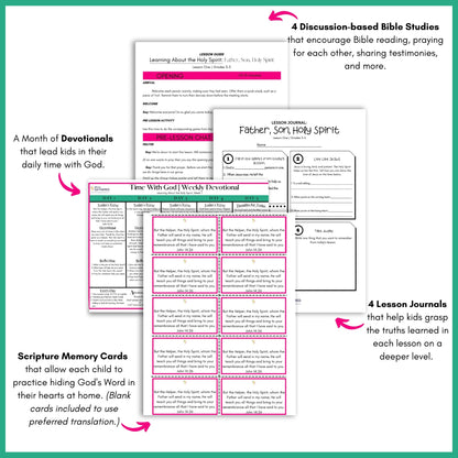Samples of scripture memory cards, devotionals, and worksheets for the Life Group Kit Bible Study lesson on Learning About the Holy Spirit for girls. 