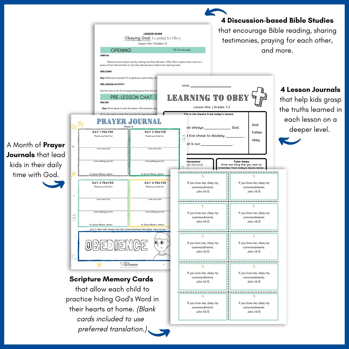 Samples of scripture memory cards, prayer journals, and worksheets for the Life Group Kit Bible Study lesson called Obeying God for boys. 