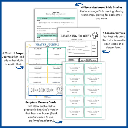 Samples of scripture memory cards, prayer journals, and worksheets for the Life Group Kit Bible Study lesson called Obeying God for boys. 