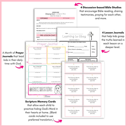 Samples of scripture memory cards, prayer journals, and worksheets for the Life Group Kit Bible Study lesson called Obeying God for girls. 